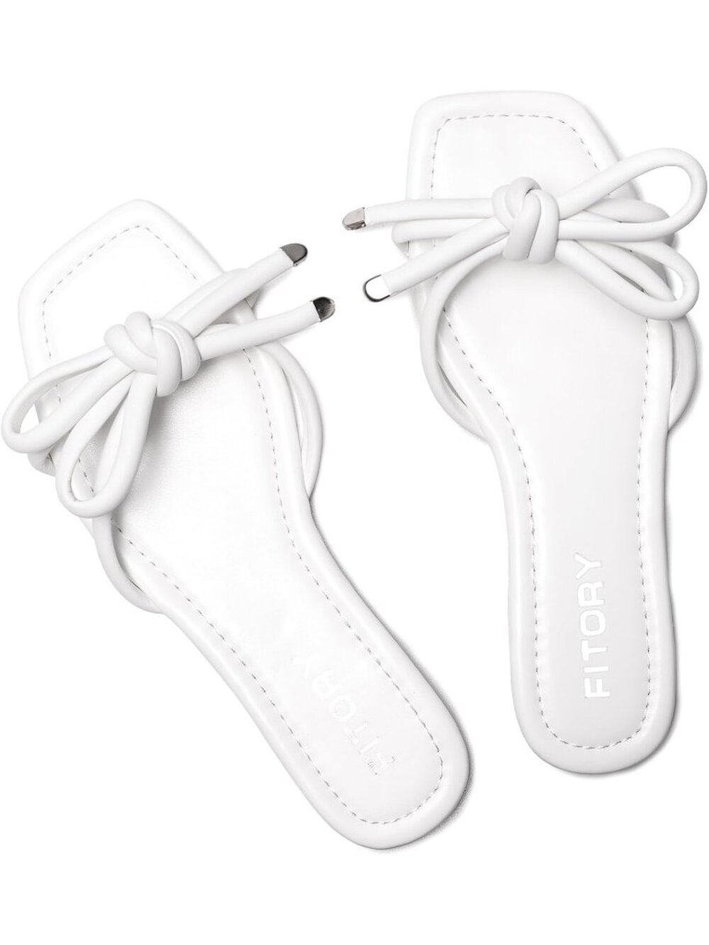 Women's All White Summer Square Open Toe Slide Thong with Cute Knot Flat Sandals